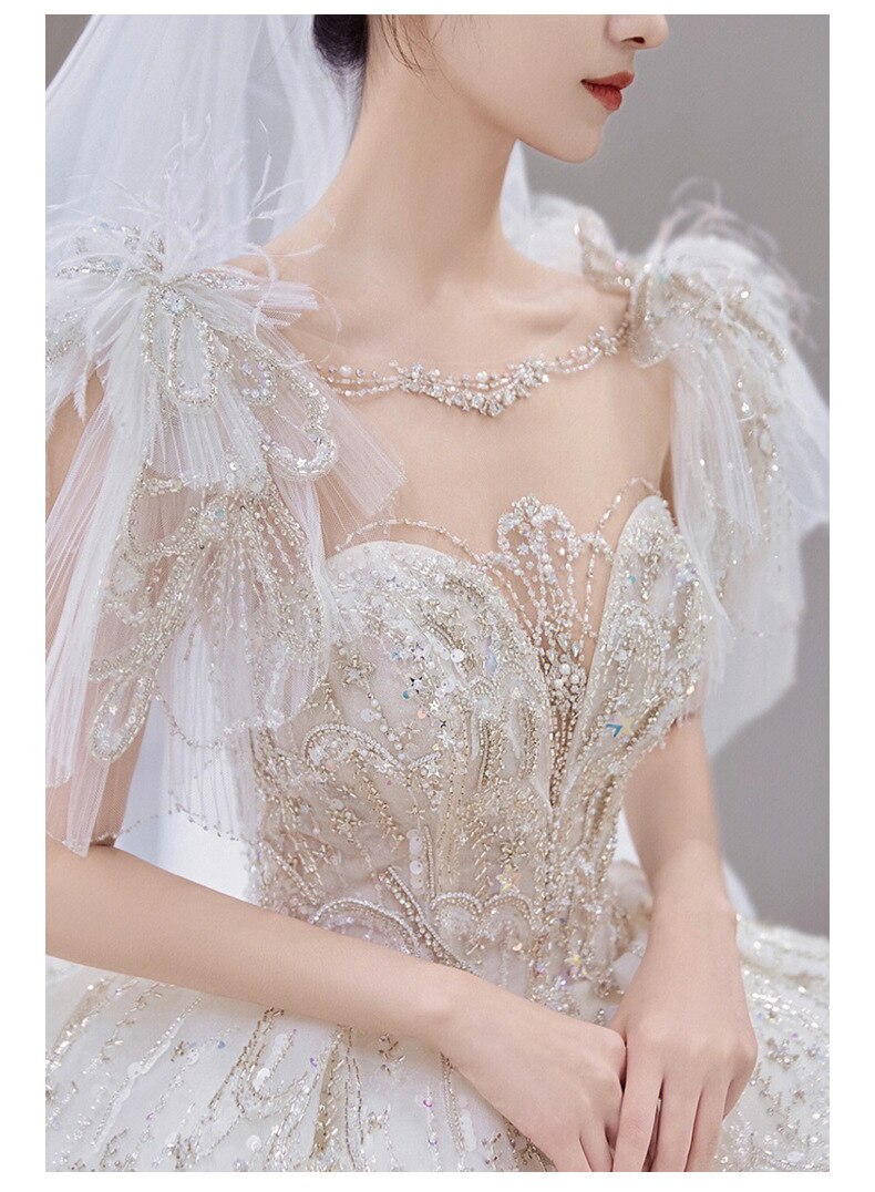 Luxury Wedding Dress Lace Embroidery Backless Sweep Train Custom Made