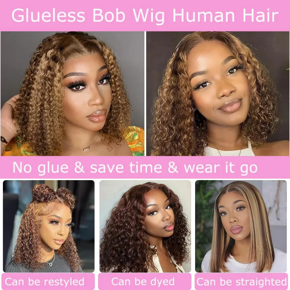 Bob Wig Human Hair 100% Highlight Ombre 5X5 Hd Lace Closure Wig Curly Short