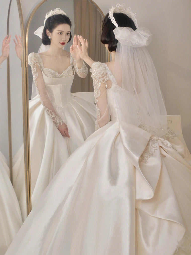 Satin O Neck Applique Sequined Beads Full Sleeve A Line Gowns