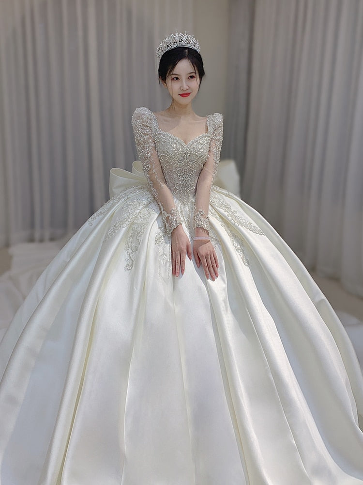 Long Sleeve Wedding Trailing Satin Lace Embroidery Bridal Dresses