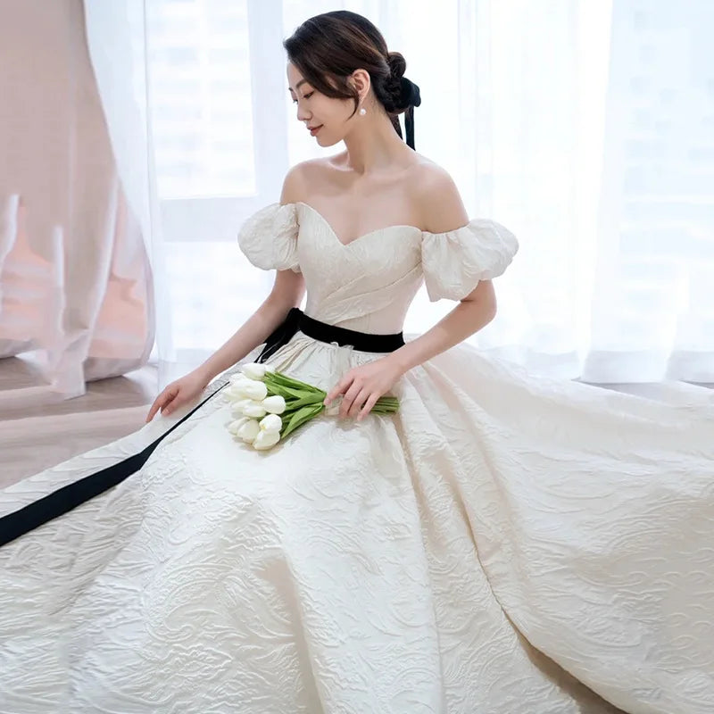 White Satin Women Wedding Dresses Off Shoulder Bridal Gowns Formal Occasion