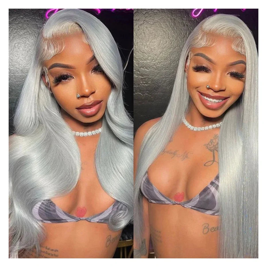 250 Density 13x6 Silver Grey Straight HD 613 Colored Lace Front Wig