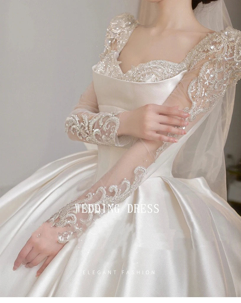 Satin O Neck Applique Sequined Beads Full Sleeve A Line Gowns