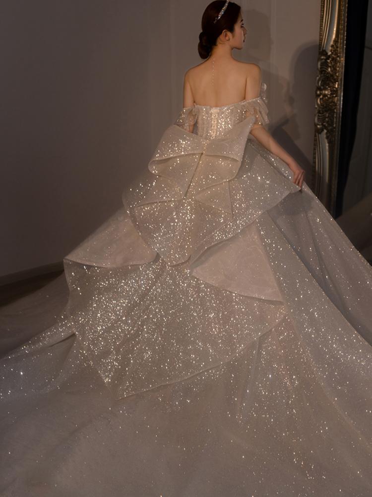 Strapless Wedding Dress Off The Shoulder With Bow Glittery Lace