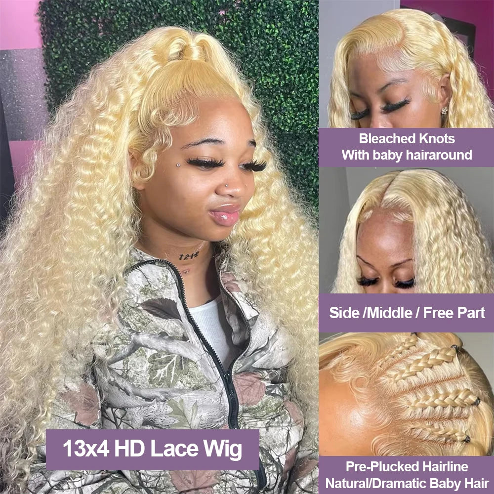 220% Curly 613 Honey Blonde 13x6 HD Brazilian Transparent 13x4 Lace Frontal Deep Wave Wig For Women