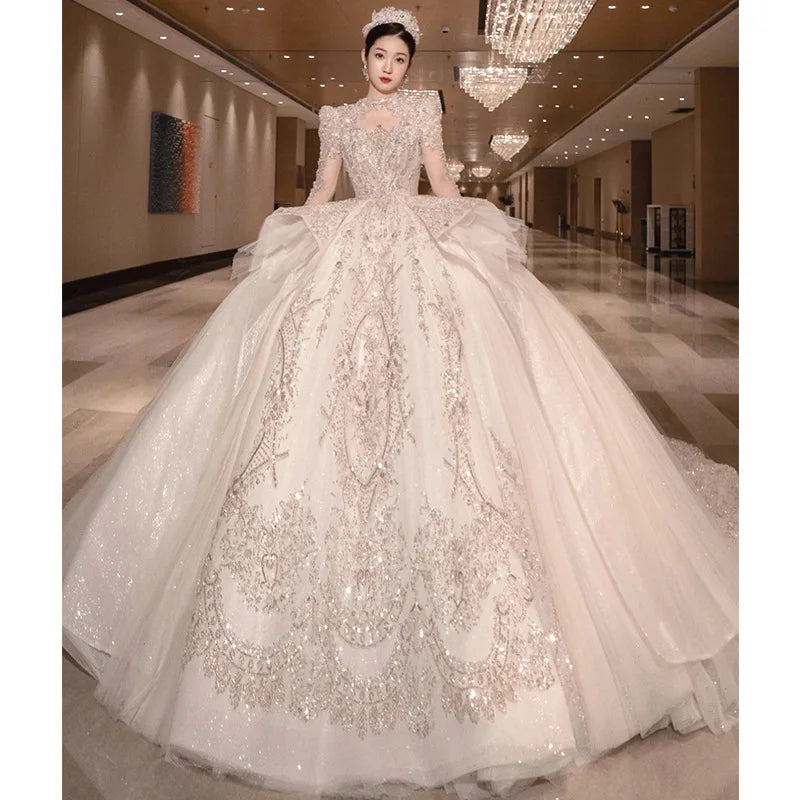 High Neck Long Sleeve Bead Bridal Gown Cathedral Train