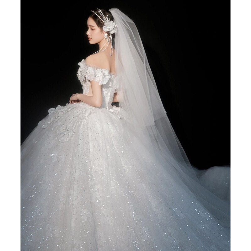 Luxury Off The Shoulder Sexy V-neck Bridal Dress