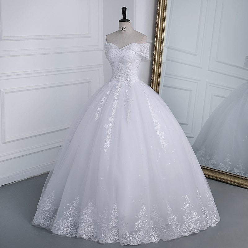 Off The Shoulder Plus Size Lace Wedding Dress Long Train Appliqes Pearls Bridal Tulle