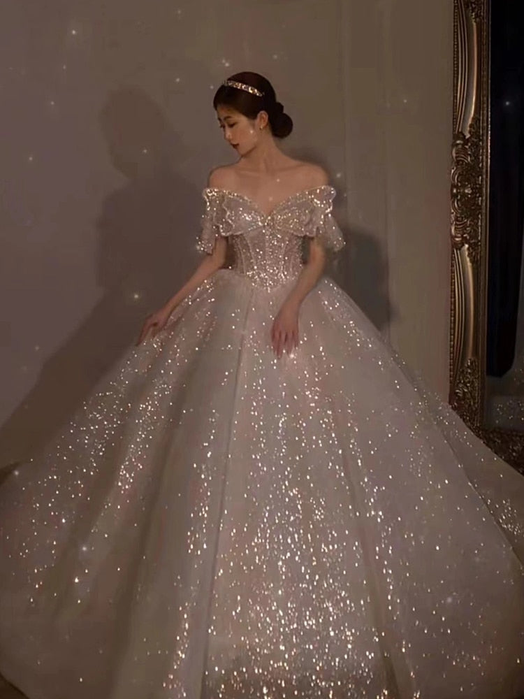Strapless Wedding Dress Off The Shoulder With Bow Glittery Lace