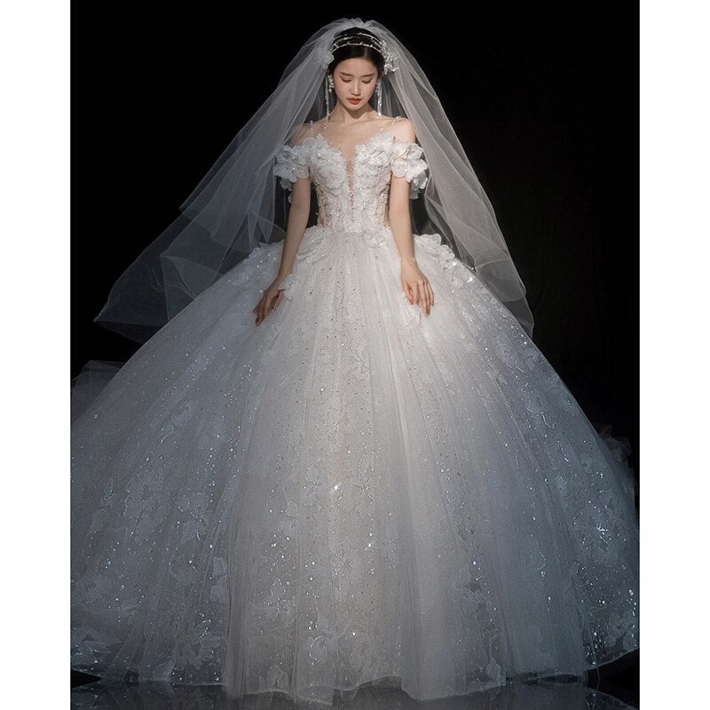 Luxury Off The Shoulder Sexy V-neck Bridal Dress