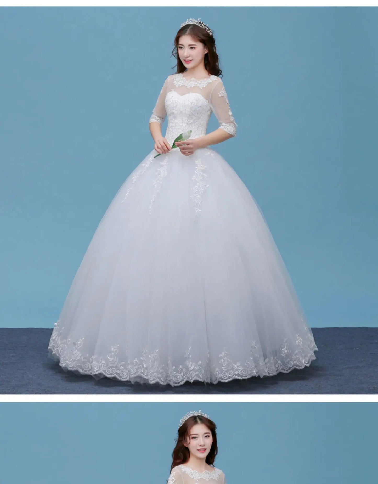 Lace A- Line O-neck Wedding Dresses Cheap Floor Length Ivory Bride Gowns Custom Made