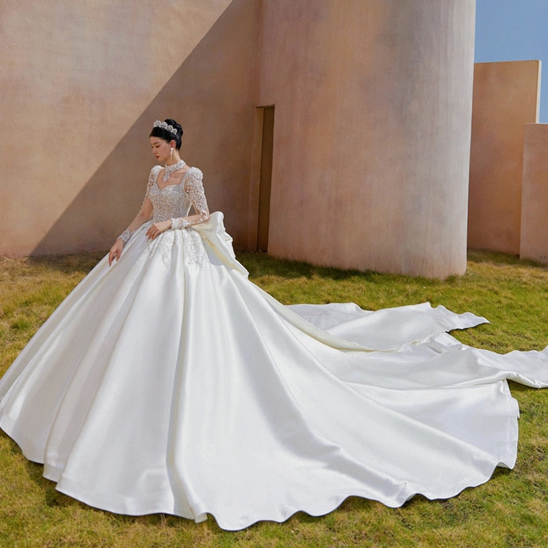 Luxury Bride Dress Pearl Satin Backless Strap With Large Bow Floor-length And Trailing