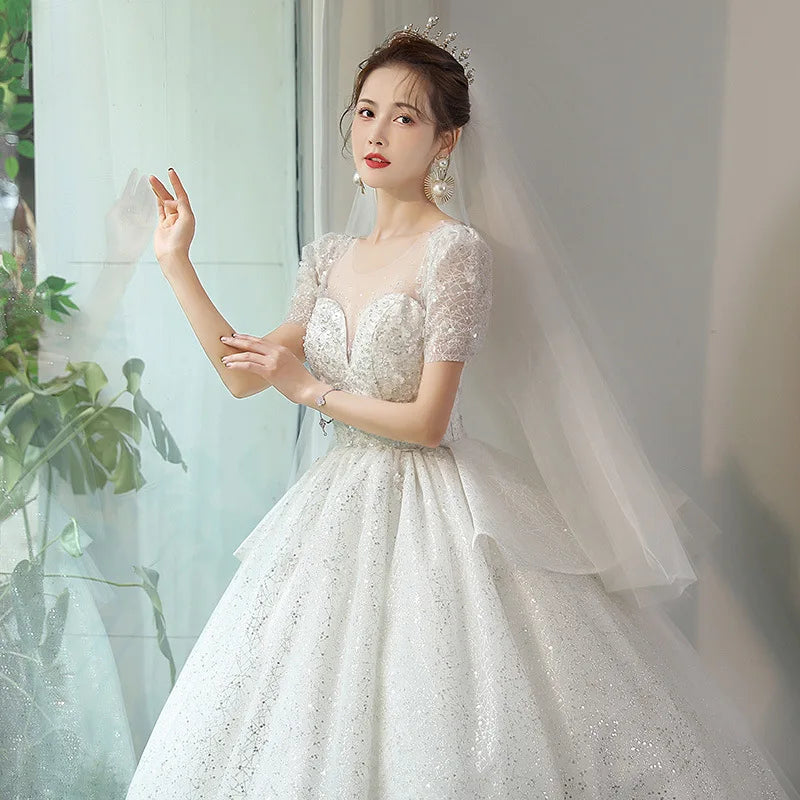 Bling Bling Ball Gown Women Wedding Dresses Sequins Short Sleeves