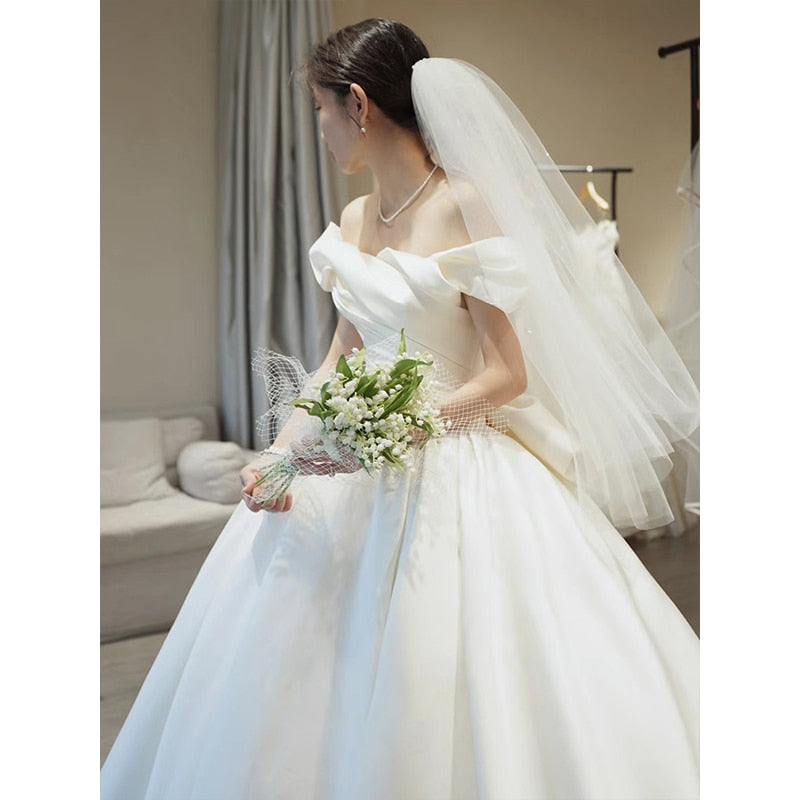 Spring Off The Shoulder Wedding Dress Simple Satin Sweep Train Bridal Gown