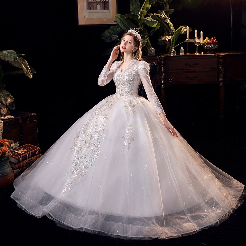Luxury V Neck Long Sleeve Wedding Dress High Waist