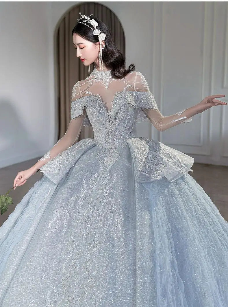 Off The Shoulder Shiny Embroidered Lace V Neck Vintage Bridal Ball Gown Dress