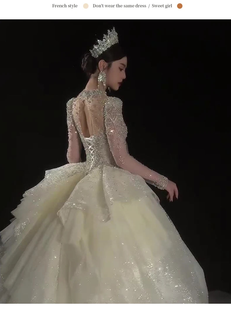 High End Long Sleeved Wedding Dress Bride Ball Gown Princess Exquisite Vintage