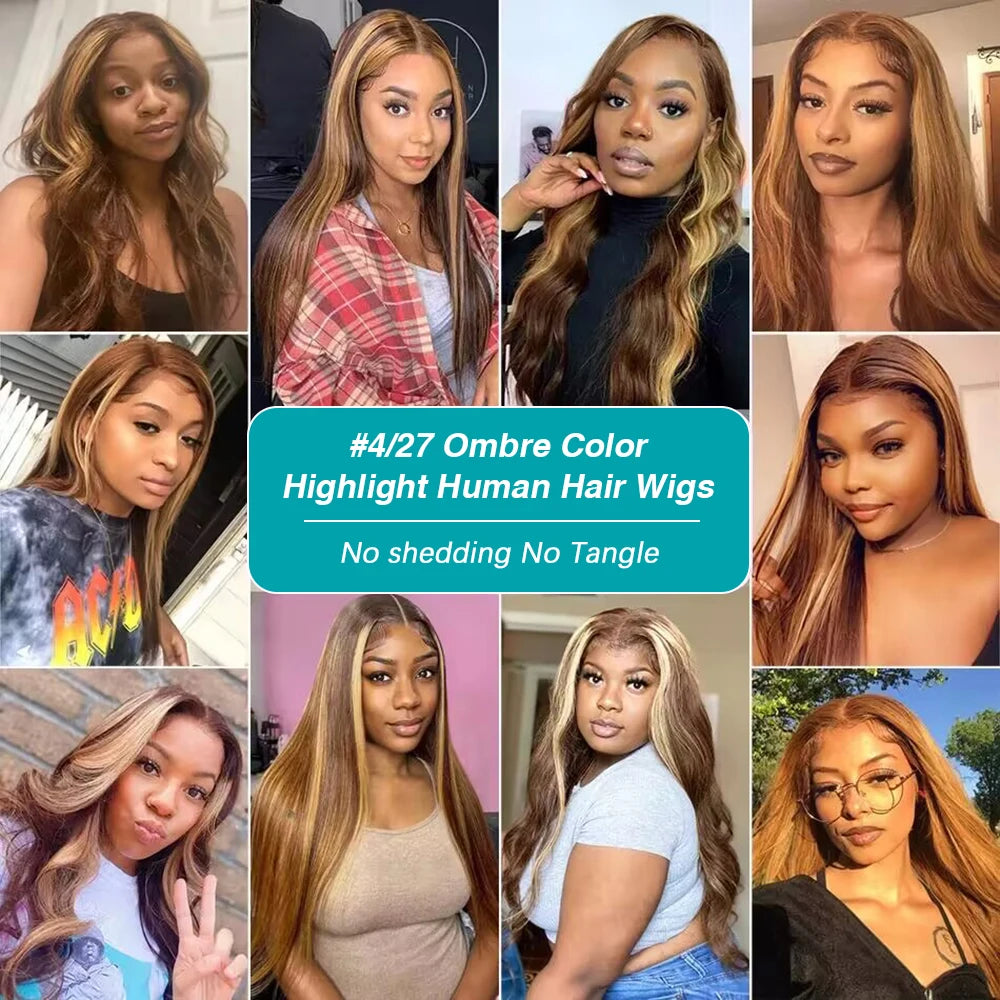 13x6 Highlighted 4/27 Colored Straight Ombre Lace Frontal Wigs Pre Plucked With Baby Hair