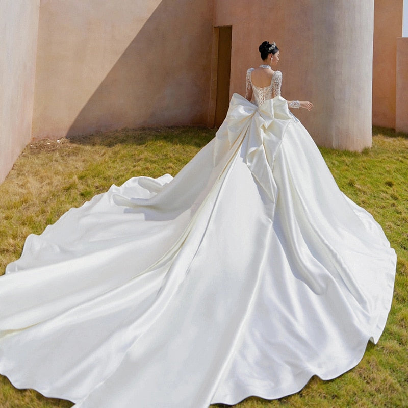 Luxury Bride Dress Pearl Satin Backless Strap With Large Bow Floor-length And Trailing