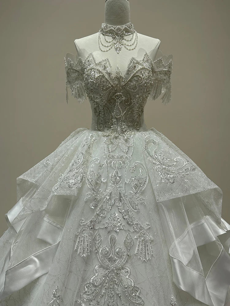 Luxury Boat Neck Wedding Dress Beading Lace Up Applique Bridal Dress Ball Gown