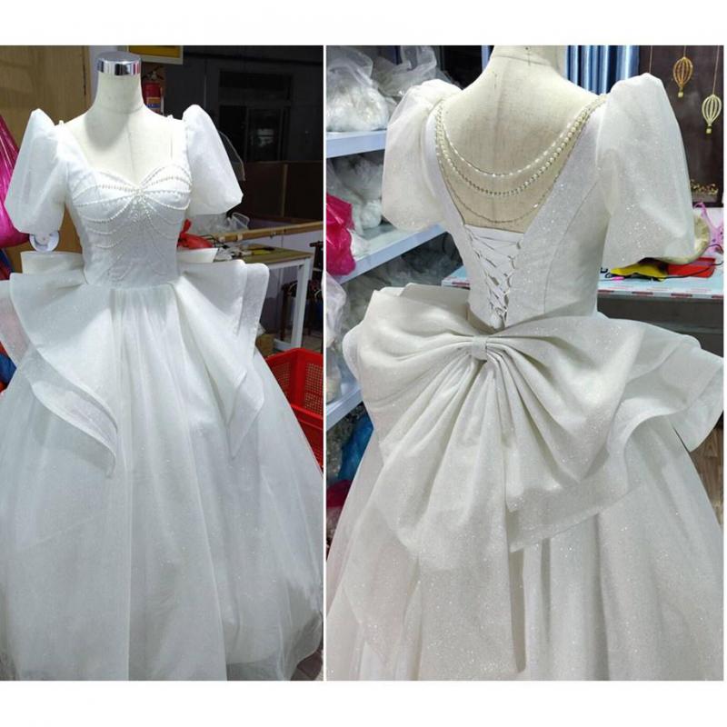Sweetheart Beading Pearls Puff Sleeve Big Butterfly Back Lace Up Wedding Gowns