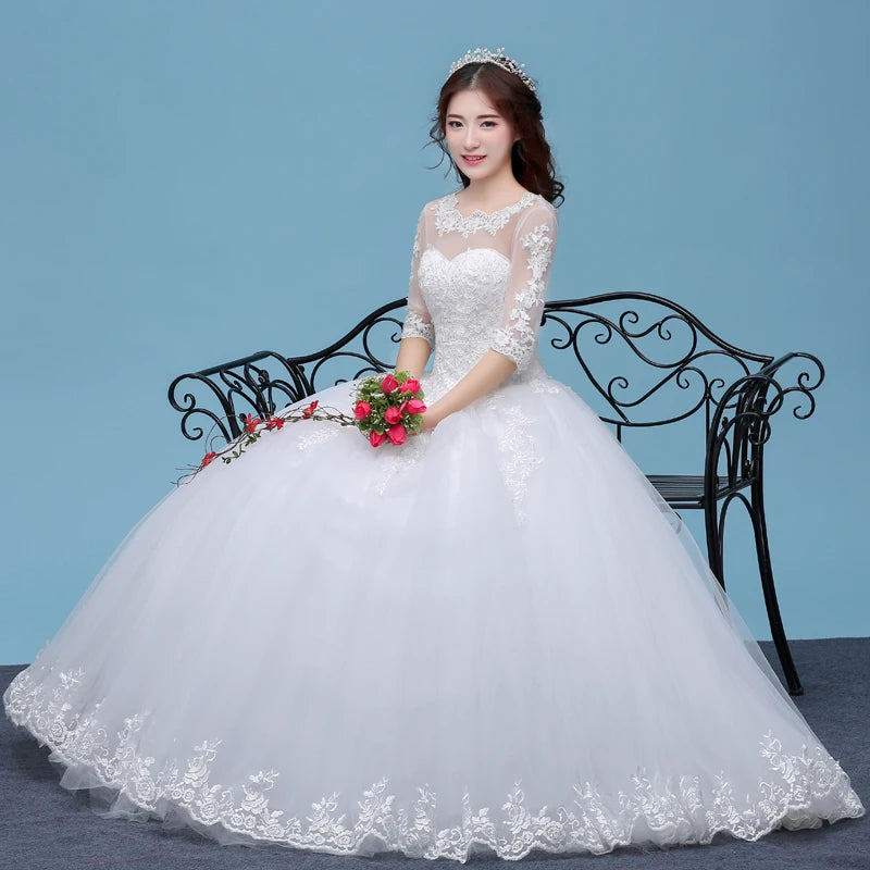 Lace A- Line O-neck Wedding Dresses Cheap Floor Length Ivory Bride Gowns Custom Made