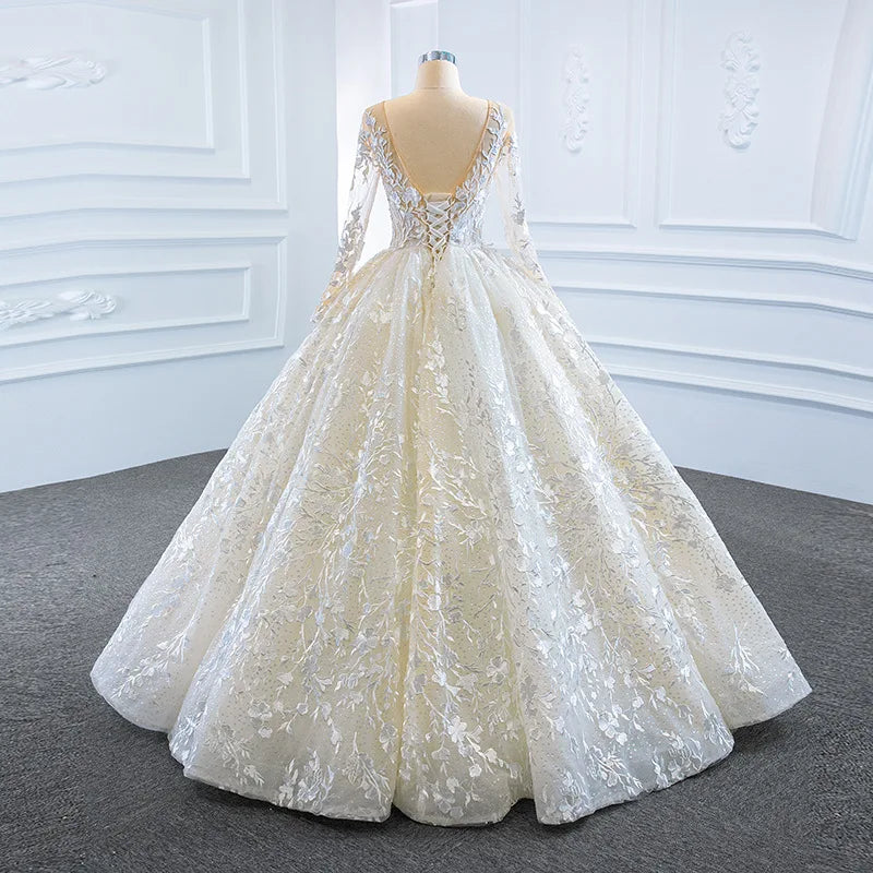 Elegant Ball Gown Wedding Appliques Long Sleeves Bridal