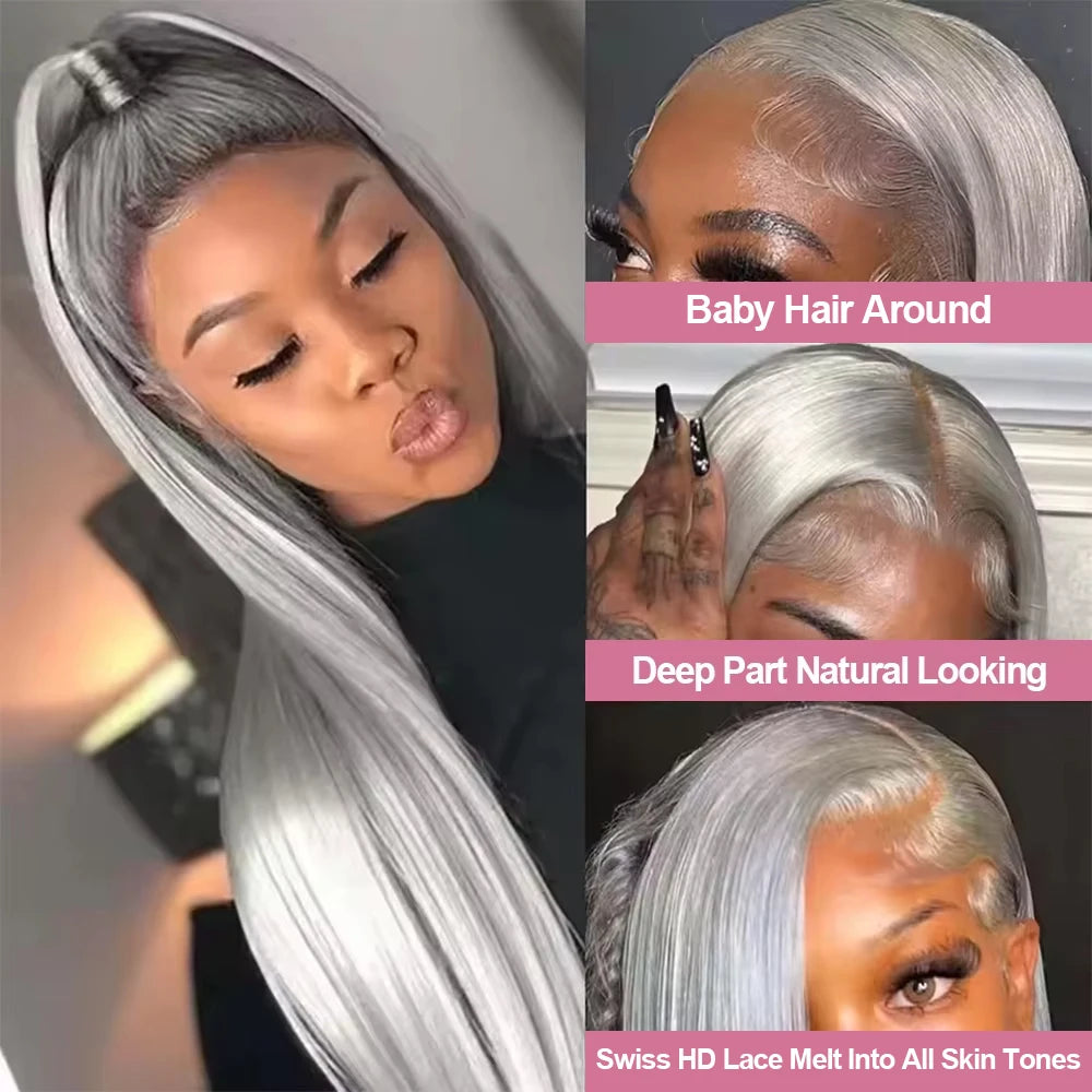 250 Density 13x6 Silver Grey Straight HD 613 Colored Lace Front Wig