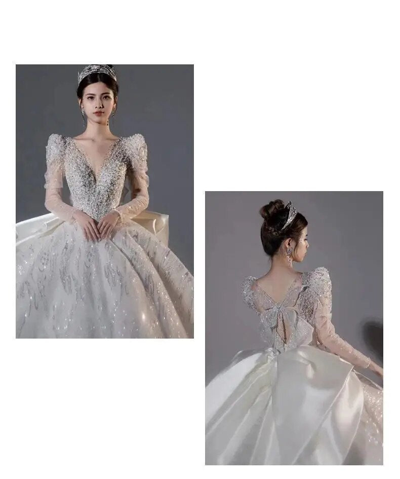 Long Sleeved Bridal Dress Back Up Bow Sweep Train Beading Wedding Gown V-neck