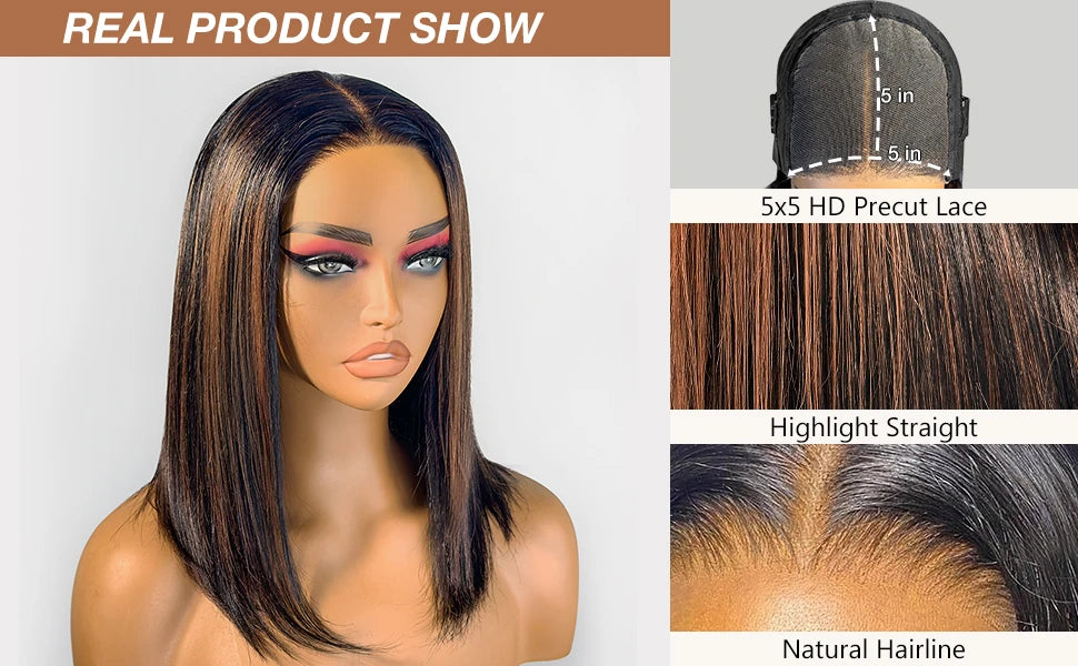 Glueless Wigs Human Hair Pre Plucked Pre Cut P1b/30 Straight Bob Wig With Natural Hairline