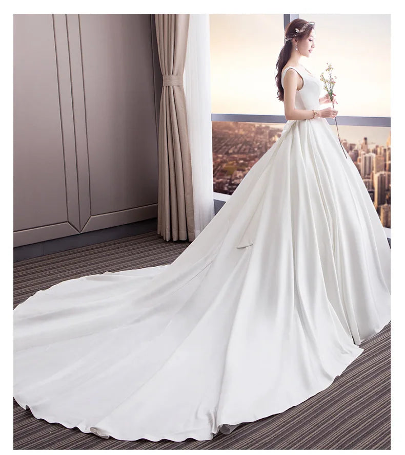 Vintage Square Collar Ball Gown Wedding Dresses Satin Simple Bride Dress With Bow Sleeveless