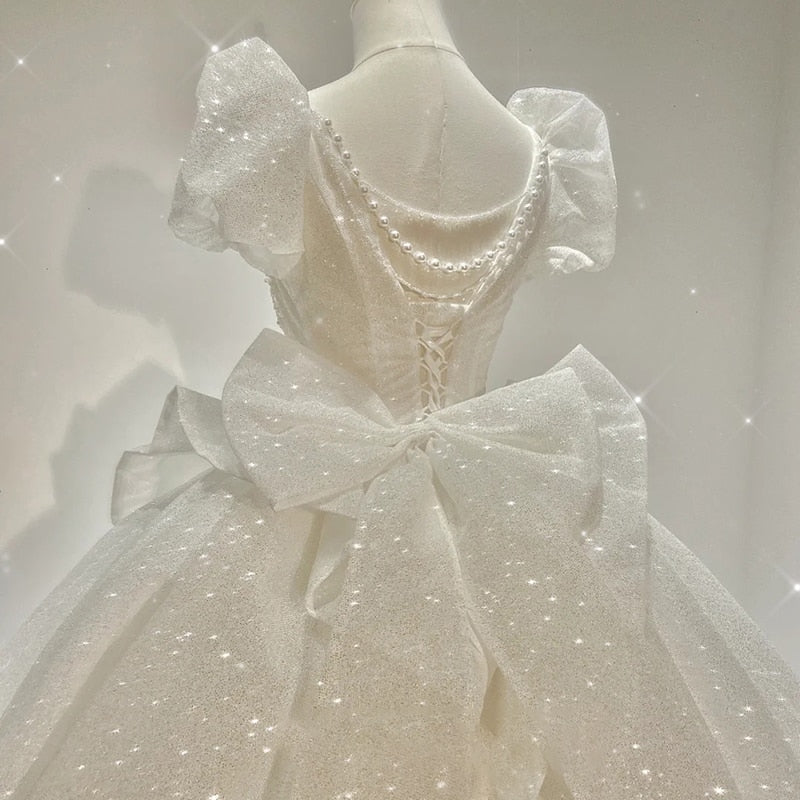 Sweetheart Beading Pearls Puff Sleeve Big Butterfly Back Lace Up Wedding Gowns