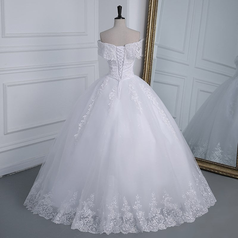 Off The Shoulder Plus Size Lace Wedding Dress Long Train Appliqes Pearls Bridal Tulle