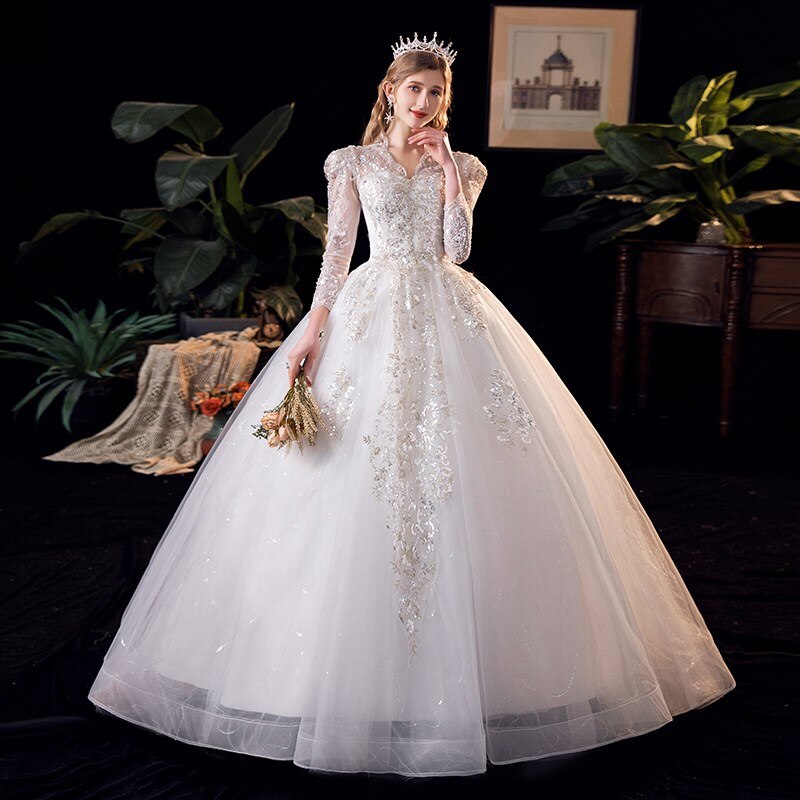 Luxury V Neck Long Sleeve Wedding Dress High Waist