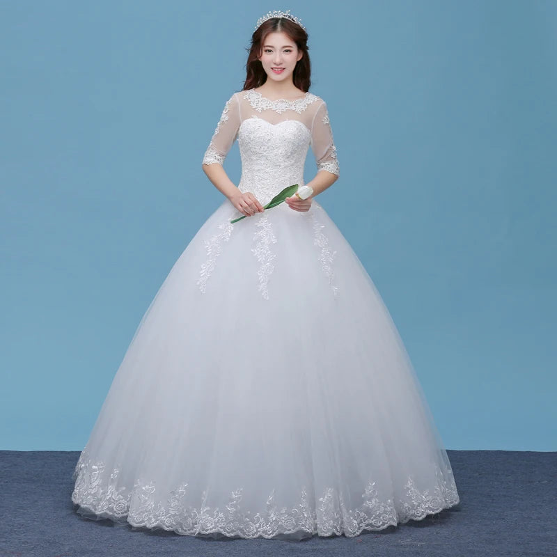 Lace A- Line O-neck Wedding Dresses Cheap Floor Length Ivory Bride Gowns Custom Made