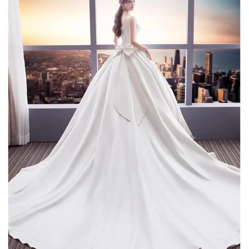Vintage Square Collar Ball Gown Wedding Dresses Satin Simple Bride Dress With Bow Sleeveless