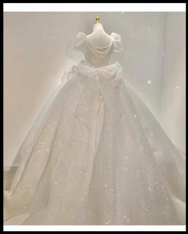 Sweetheart Beading Pearls Puff Sleeve Big Butterfly Back Lace Up Wedding Gowns