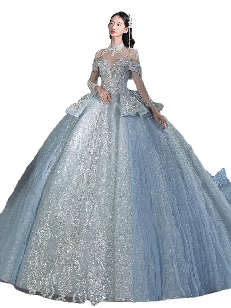 Off The Shoulder Shiny Embroidered Lace V Neck Vintage Bridal Ball Gown Dress