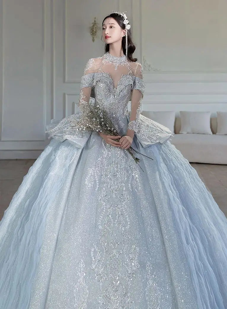 Off The Shoulder Shiny Embroidered Lace V Neck Vintage Bridal Ball Gown Dress