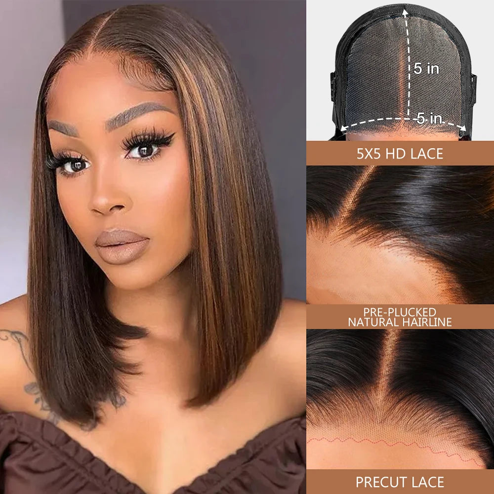 Glueless Wigs Human Hair Pre Plucked Pre Cut P1b/30 Straight Bob Wig With Natural Hairline