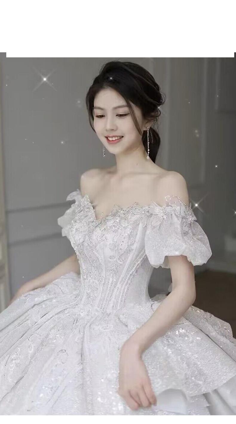 Bridal Dress Off The Shoulder Boat Neck With Bow Sequins Sweep Train