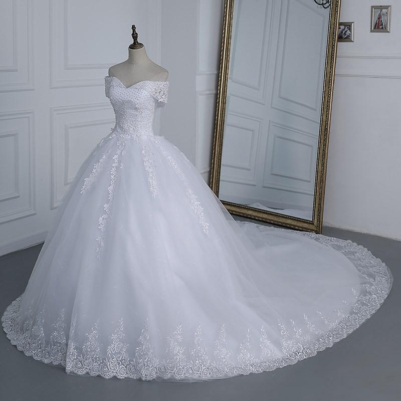 Off Shoulder Appliqes Pearls Long Train Bridal Gowns