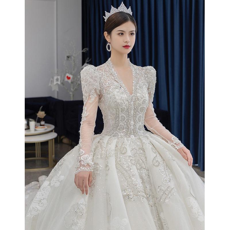 Luxury V Neck Long Sleeve Wedding Dress High Waist