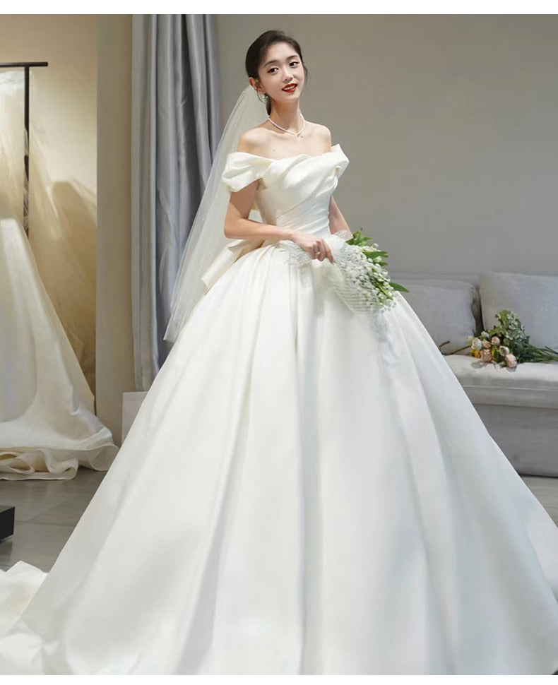Spring Off The Shoulder Wedding Dress Simple Satin Sweep Train Bridal Gown