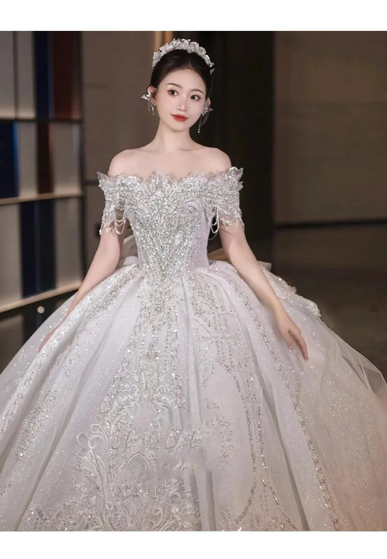 Boat Neck Handmade Beading Exquisite Off The Shoulder Princess Ball Gowns