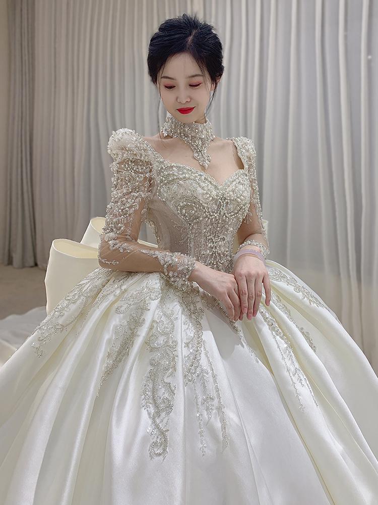 Long Sleeve Wedding Trailing Satin Lace Embroidery Bridal Dresses