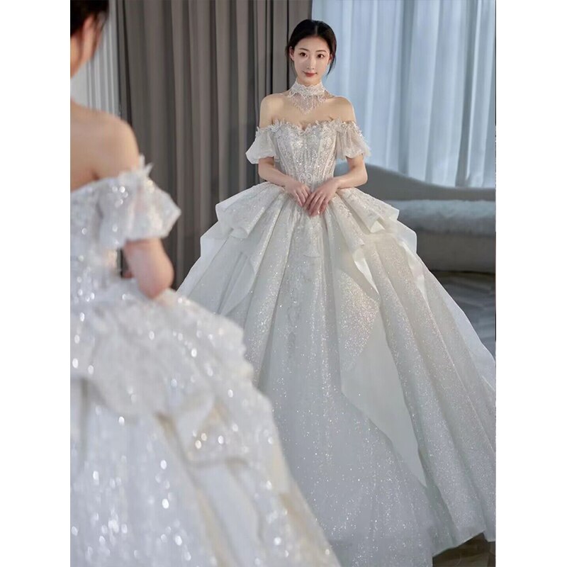 Bridal Dress Off The Shoulder Boat Neck With Bow Sequins Sweep Train