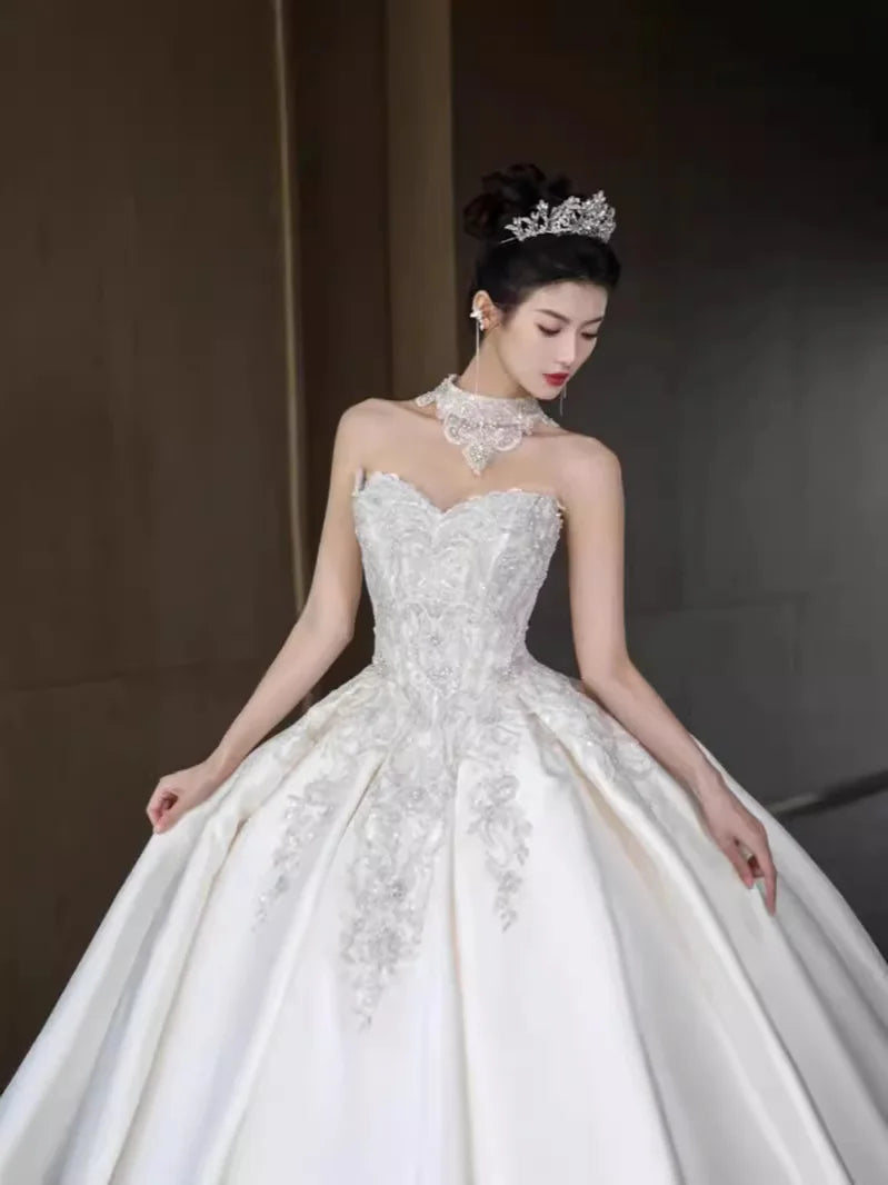 Strapless Luxury Wedding Dress Stain Beading Gowns