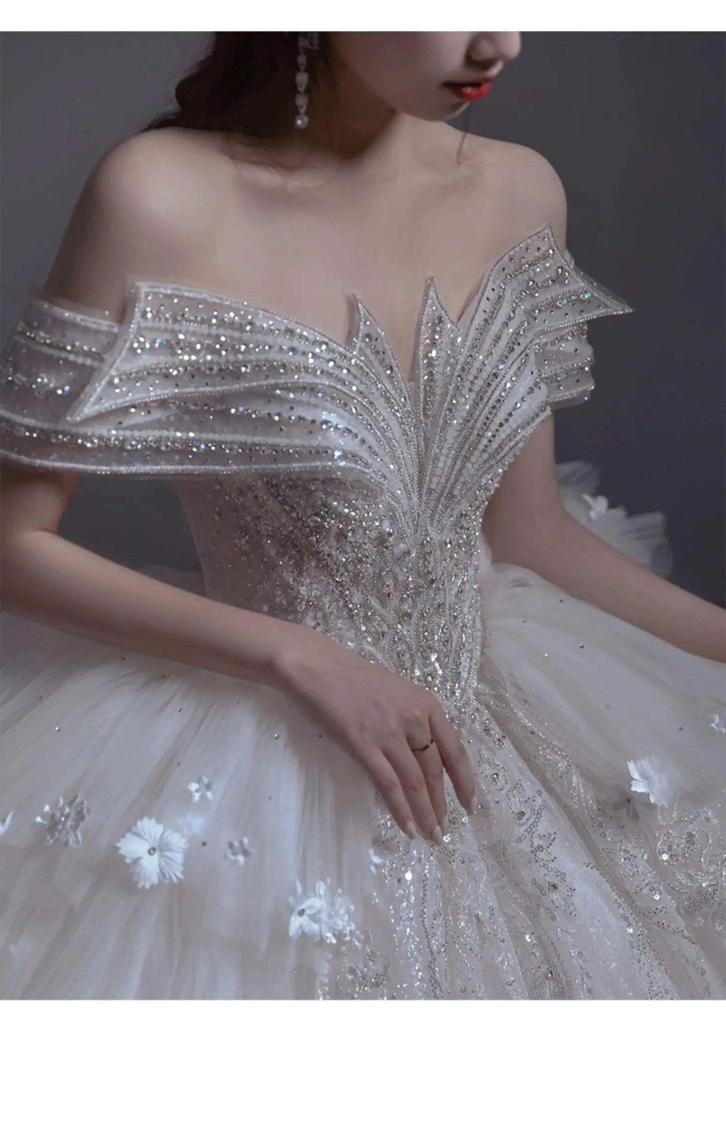 Floral Print Off The Shoulder Lace Luxury Wedding Dress