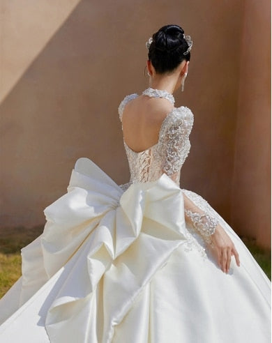 Luxury Bride Dress Pearl Satin Backless Strap With Large Bow Floor-length And Trailing